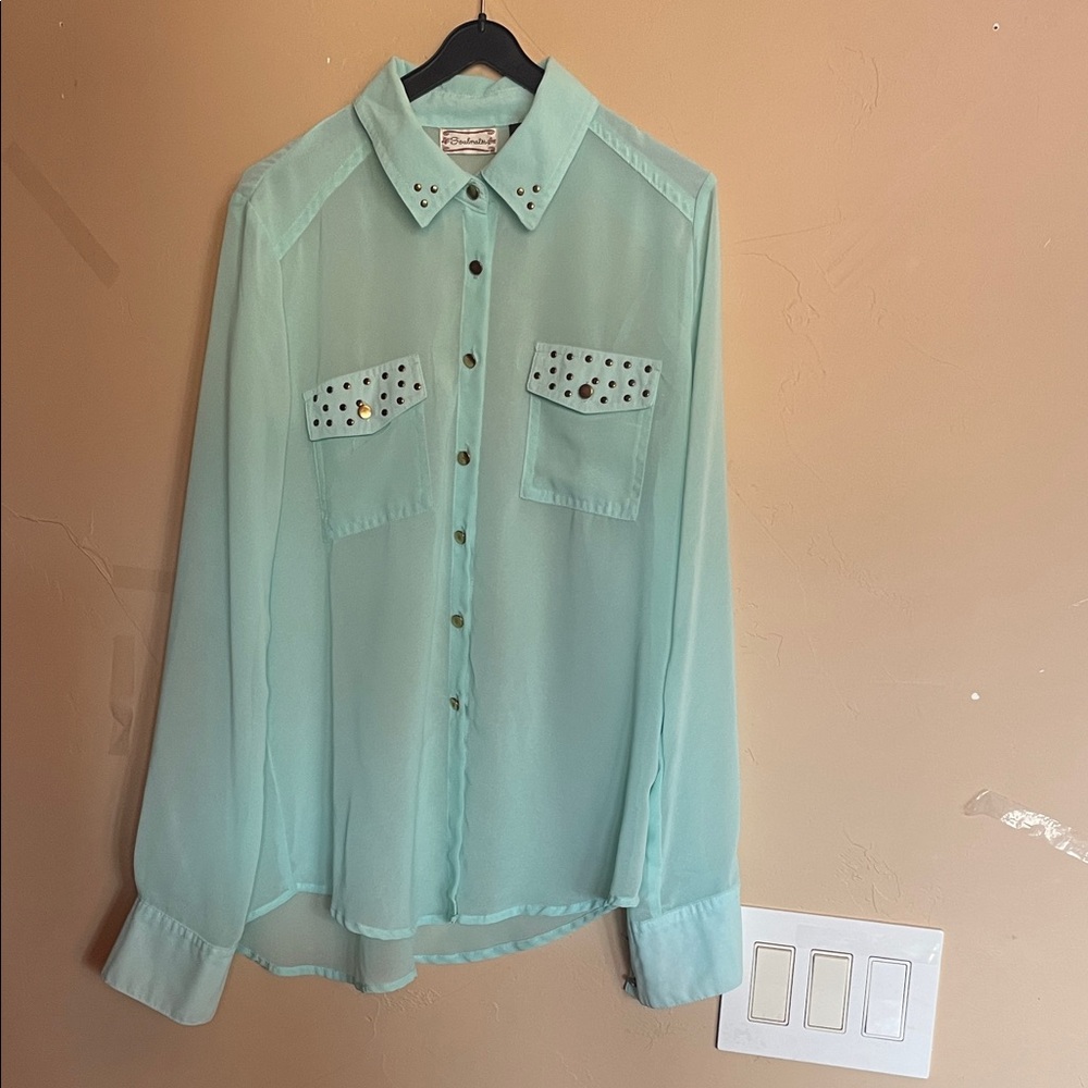 Soulmates Mint Studded Sheer Button-Down Blouse